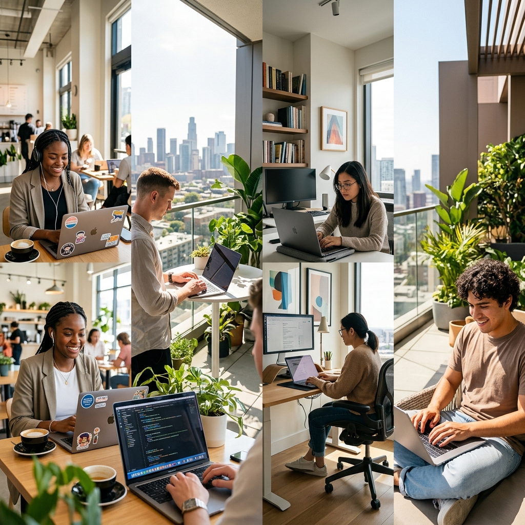 Young adult interns working remote